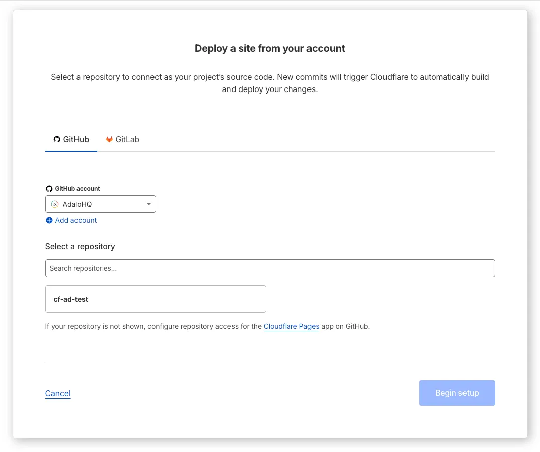 Cloudflare Pages "Deploy a site from your account" repository selector