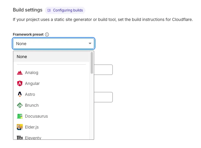 Cloudflare Pages framework preset selector with Astro listed
