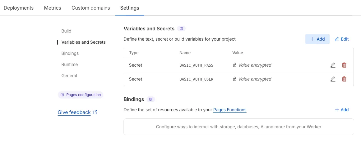 Cloudflare Pages Variables and Secrets settings