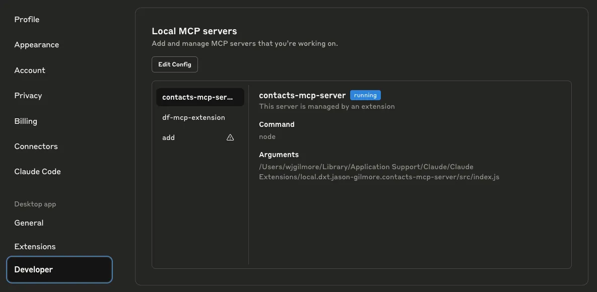 Claude Desktop developer settings