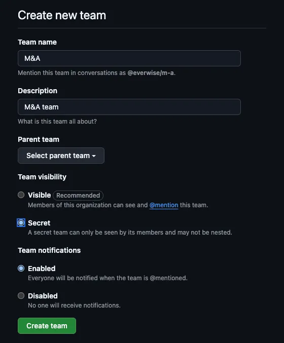 Creating a secret GitHub team