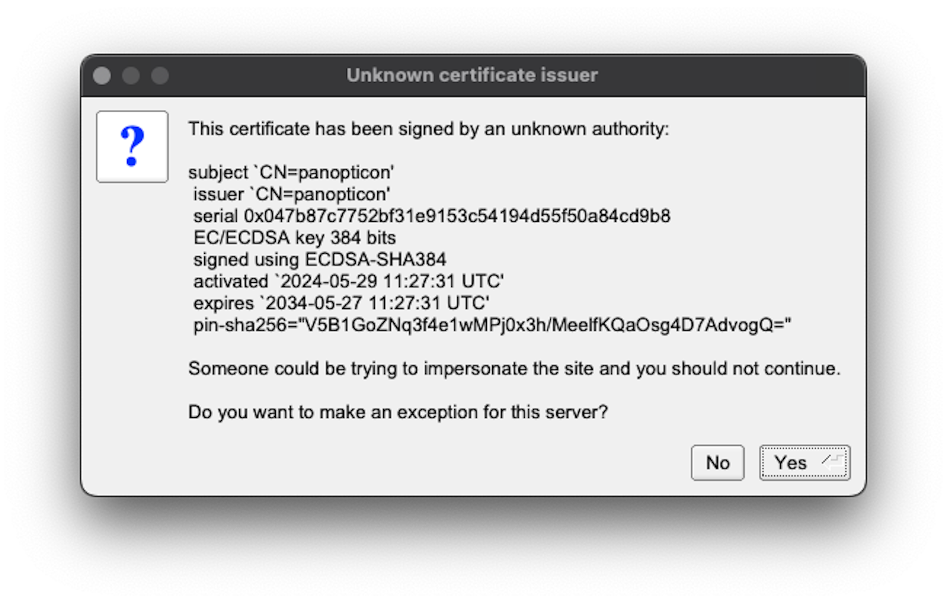 Making a server certificate exception in TigerVNC